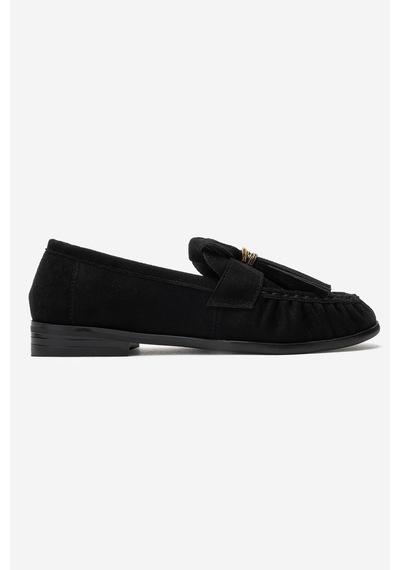 Luvi Shoes Marston Siyah Süet Püsküllü Kadın Loafer Ayakkabı