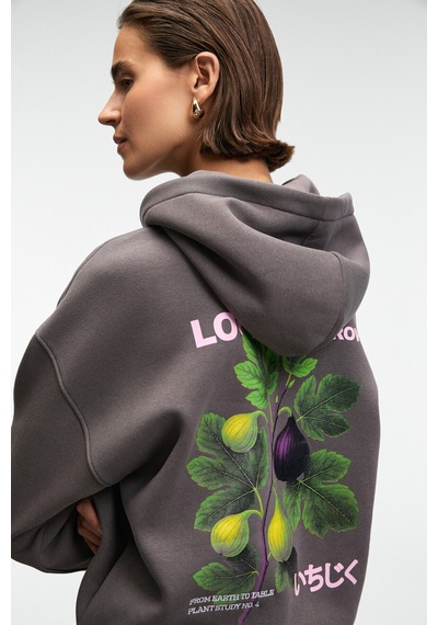 Grimelange YANMESA Kadın Oversize Baskı Ve Nakış Detaylı Uzun Kollu Kapüşonlu Antrasit Sweatshirt