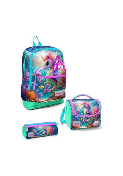 Coral High Kids Mavi Su Yeşili Denizatı Desenli 3 Lü Okul Çanta Seti Set0123772 Çok Renkli
