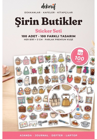 Renkli Çarşı Dükkanları Sticker Seti 100 Adet - Kafe Kitapçı Fırın Butik Temalı Ajanda Çıkartma Çok Renkli