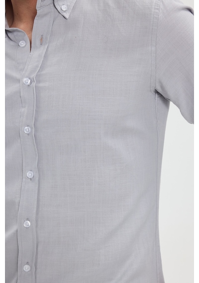 Tudors Erkek Slim Fit Dar Kesim %100 Pamuk Düğmeli Yaka Flam Keten Gri Gömlek-50272