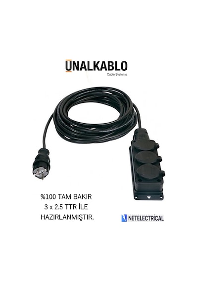 Kauçuk 3'lü Üçlü 5 Metre Grup Priz 3x2.5 Ttr Tam Bakır Kablo