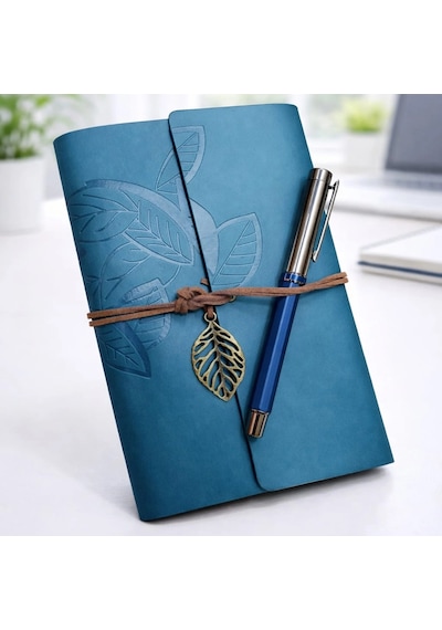 Şık Yaprak Desenli Deri Defter Ve Metal Kalem Seti A5 Boyut Çok Renkli