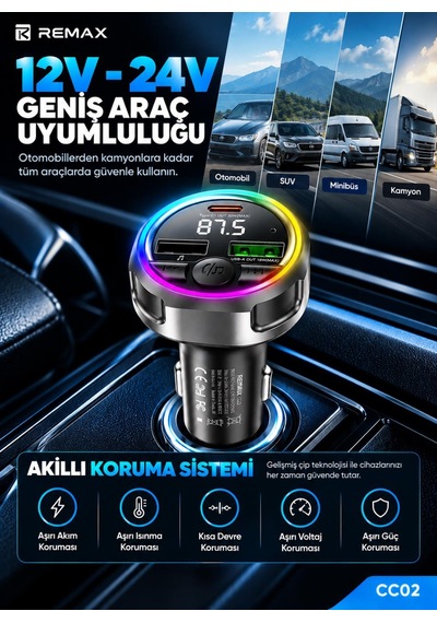 48w Rgb Işıklı Fm Transmitterli Araç Şarj Cihazı S