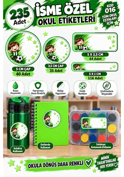 Okul Etiketi Kalem Defter 235 Adet Kişiye Özel İsim Yazılabilen Sticker Futbol Temalı Yeşil Beyaz Yeşil - Beyaz