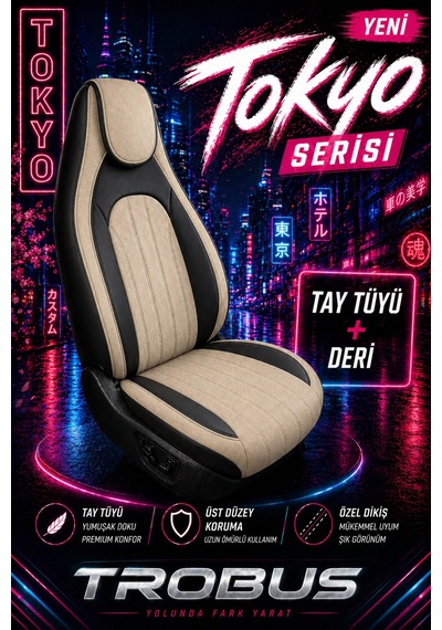 Fiat Albea 2002-2012 Bel Destekli Tay Tüyü Koltuk Kılıfı Tokyo Serisi Bej Siyah