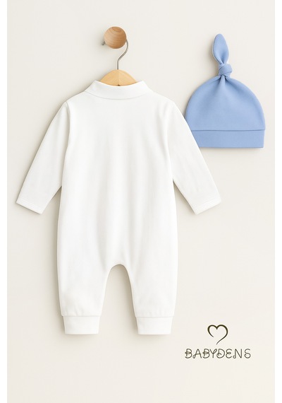 Babyden's Mini Boss Erkek Bebek Tulum Ve Şapka Seti Yenidoğan Papyonlu Bebek Tulumu %100 Pamuk Mavi