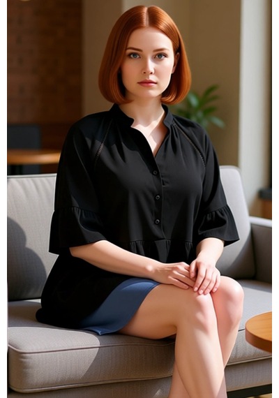 Ersefa Kadın Plus Size V Yaka Kısa Kol Dokuma Peplum Gömlek Konforlu Ve siyah