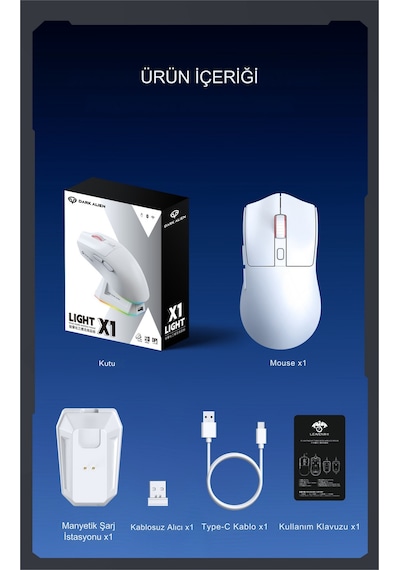 Dark Alien X1 Kablosuz 3 Modlu Oyuncu Mouse- 59 Gram 400 Mah Batarya- Makrolu Diğer