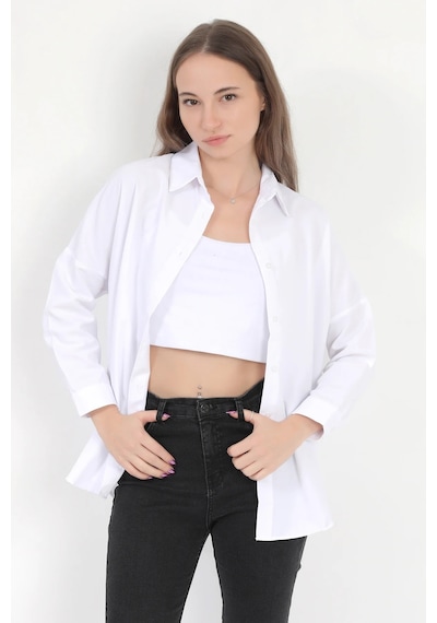 Giysa Kadın Beyaz Uzun Kollu Basic Pamuklu Oversize Gömlek - 3900 Beyaz