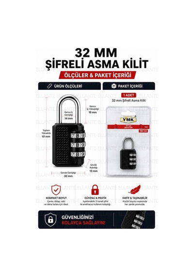 Premium 32 Mm Şifreli Asma Kilit 3 Haneli Kombinasyonlu Anahtarsız Güvenlik Kilidi Valiz Dolap Çanta