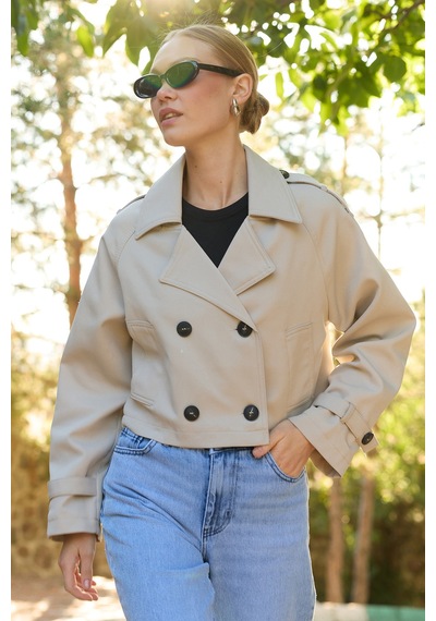 Fullamoda Kruvaze Yaka Çift Cepli Crop Trençkot Taş