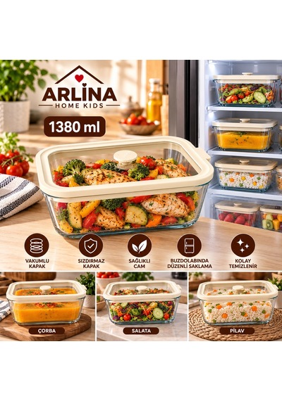 1380 Ml Vakum Kapaklı Cam Saklama Kabı Krem