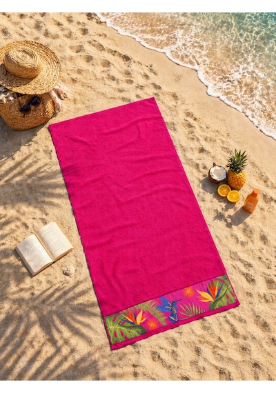 Pembe Plaj Havlusu %100 Pamuk Sertifikalı Tropik Desenli Havuz Havlusu Üstün Emici 75x150cm