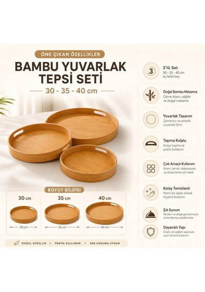 3'lü Bambu Yuvarlak Tepsi Seti, Kulplu Servis Ve Sunum Tepsisi