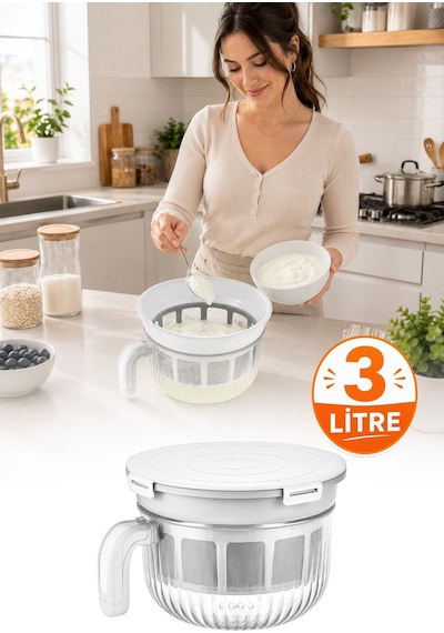 Rüya Chef 3 Litre Yoğurt Süzme Kabı Süzme Yoğurt, Peynir Ve Labne Yapma Kabı Kapaklı Vp-147 Diğer