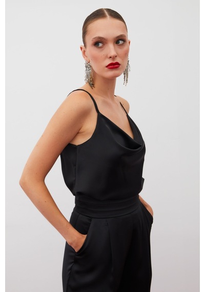 Sateen Degaje Yaka Saten Bluz - Siyah