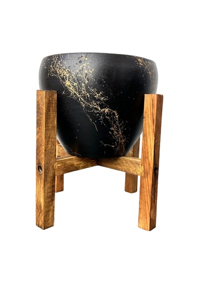 BİTKİ TASARIMI EV DEKORASYON SİYAH ÜZERİ GOLD MERMER EFEKTLİ TOPRAK SAKSI SAKSILIK SALON ÇİÇEKLİK 4 AYAKLI - 15 CM