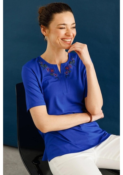 Desen Triko Kadın Açma Yaka Nakış İşlemeli Penye T-shirt 25700 Saks Saks