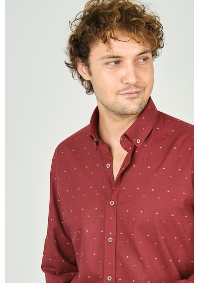 De Leone Erkek Slim Fit Desenli Uzun Kollu %100 Pamuk Gömlek 2045 Kırmızı Kırmızı