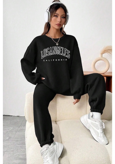 Uyguntarz Unisex Los Angles Baskılı Bisiklet Yaka Eşofman Takımı Siyah