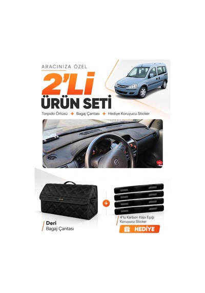 E-biz Opel Combo C 2001-2011 Uyumlu Torpido Örtüsü + Deri Bagaj Çantası Seti - Siyah - Op007
