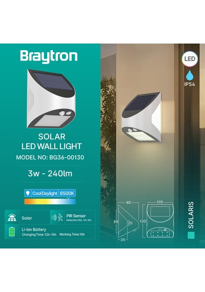 Braytron Solaris-w1 3w Sensörlü Solar Led Duvar Apliği - 6500k Beyaz Ip54 Solar-Beyaz