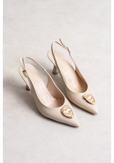 Dabab Shoes Mealıs Kadın Bej Kırışık Rugan Sivri Burun Gold Aksesuarlı Bilekten Bantlı 7 Cm Topuklu Slingback Ayakkabı