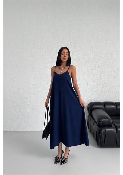 Neşeli Butik Kadın Lacivert Askılı İçi Astarlı Kaş Keten Elbise Nbg017 Lacivert