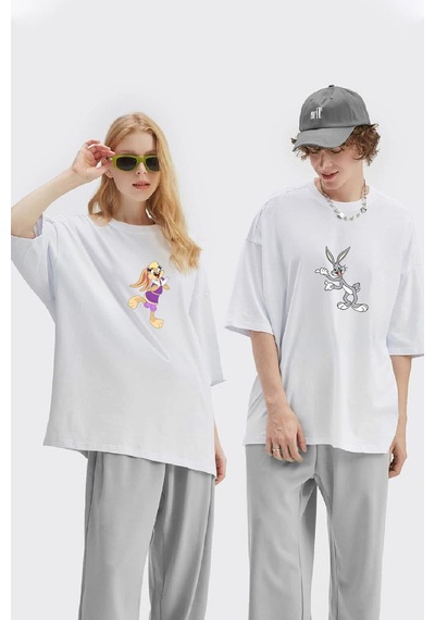 Unisex Kadın Erkek Bugs Bunny Ve Lola Baskılı Sevgili Çift Kombini Tasarım Oversize T-shirt 2'li Set Beyaz Mck1960 Beyaz