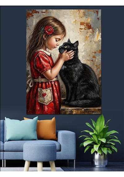 Kız Çocuğu Ve Kara Kedi Dekoratif Kanvas - Mdf Ahşap Tablo