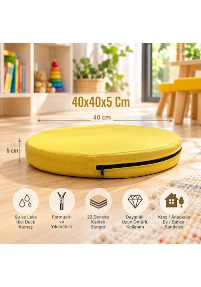 Kreş Anaokulu Yuvarlak Oyun Minderi Aktivite Minderi 40x40x5 Cm - Sandalye Minderi - Bahçe Dekor Minderi Yuvarlak Minder Sarı