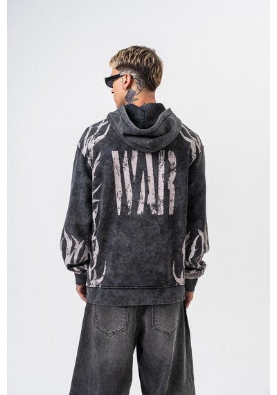 Respire Erkek War Baskılı Yıkamalı Kapüşonlu Oversize Hoodie Siyah