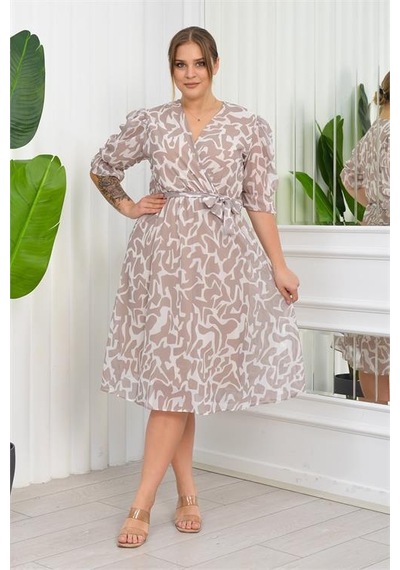 Dip Moda Kadın Büyük Beden Desenli Şifon Elbise Dpnb8063 - Bej Bej