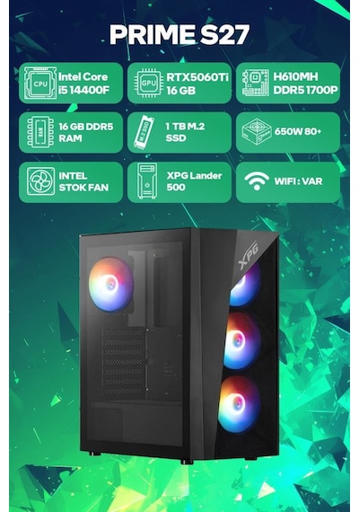 Game Garaj Prime S27 İ5-14400f 16 Gb 1 Tb Ssd 16 Gb Rtx5060ti Dos Oyuncu OEM Paket