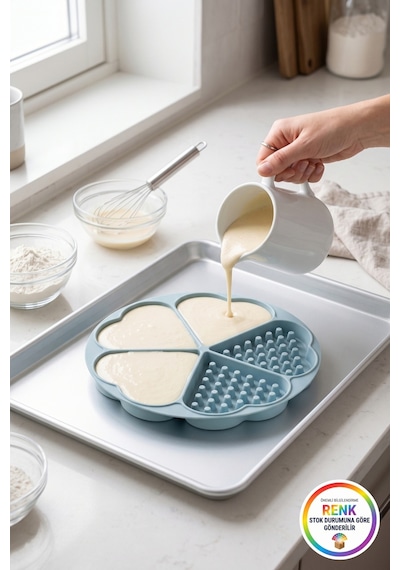 Kalp Desenli Silikon Waffle Kalıbı 5 Bölmeli Yapışmaz Kolay Çıkan Esnek Fırına Uygun 18 Cm Çok  Renkli