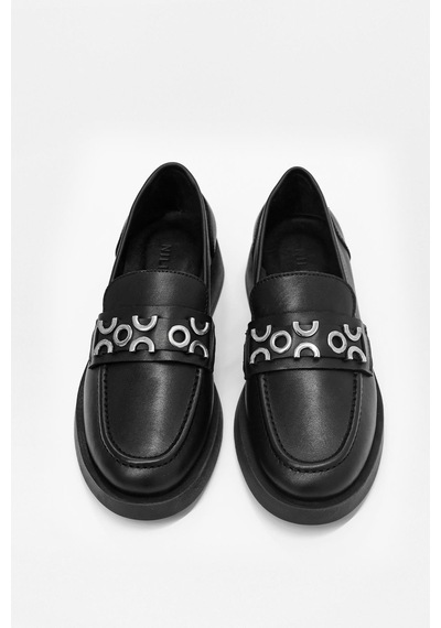 Morris Siyah Hakiki Deri Gümüş Aksesuarlı Kadın Loafer Siyah Deri