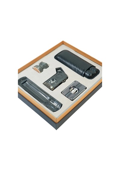 Parmida Tek Torch Masa Tipi Kesicili Çakmak Küllük Sehpa Kılıf Kesici Karbon Beşli Puro Seti Tr9879