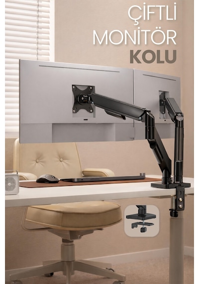 Çiftli Monitör Kolu Vesa Uyumlu Hareket Ayarlanabilir Monitör Standı 17-32" 9+9 Kg Kapasite Tutucu