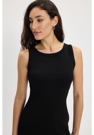 Tudors Kadın Slim Fit Dar Kesim Pamuklu Sıfır Kol Bisiklet Yaka Siyah Elbise-50479
