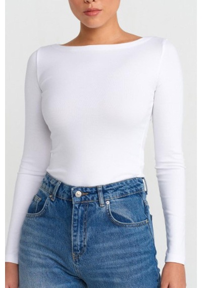 Madmext Ekru Kayık Yaka Uzun Kollu Kadın Top Body Mg2267 Ekru