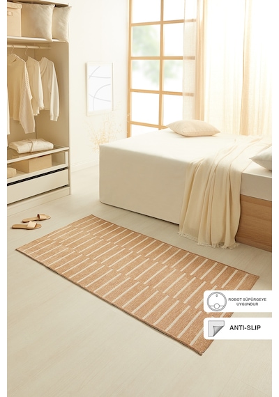 Ocean Home Textile Bej Renk Çizgi Desenli Şönil Halı Kilim 80 X 150 Cm