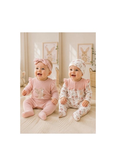 Altıntaş Baby %100 Organik Pamuklu Pudra Garden Flowers Kız Bebek 2'li Tulum Takım Seti Garden Pembe Garden Pembe