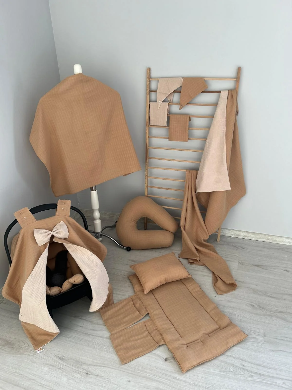 % 100 Pamuk 12 Parça Çift Taraflı Muslin Set Kahve
