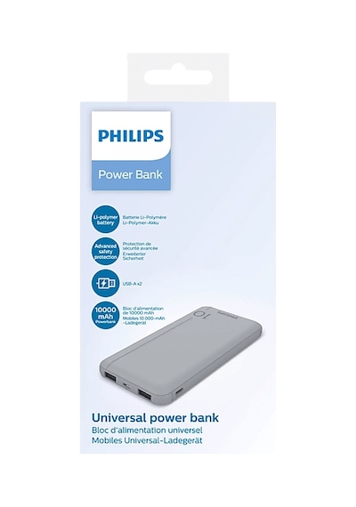 Philips DLP1810CW 10.000 mAh 2xUSB-A 2.1A USB-C Taşınabilir Powerbank Gri