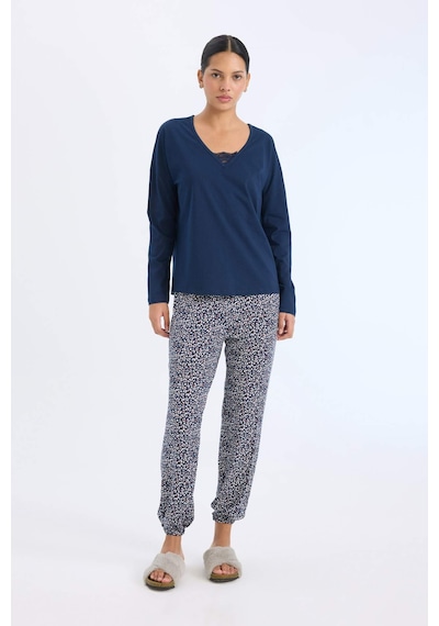 DeFacto Fall in Love Pijama Takımı Uzun Kollu Üst Desenli Uzun Alt E2357AX24WNNV31 Lacivert