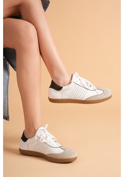 Analin Shoes Kadın Hakiki Deri Bağcıklı Süet Detaylı Spor Ayakkabı Beyaz Vizon