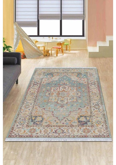 Mavi Klasik Göbekli Dokuma Pamuk Taban Kaymaz Kilim Klm157n11