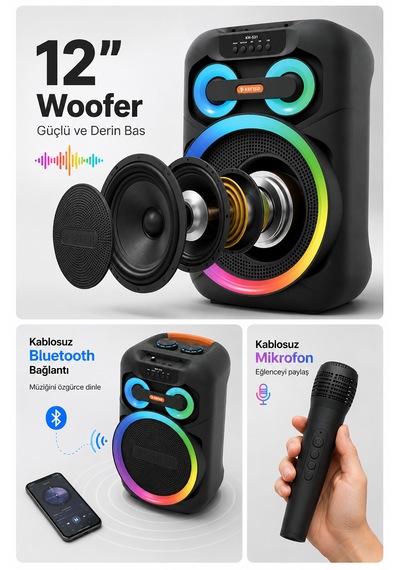 Taşınabilir Mikrofonlu 50w Led Işıklı Bluetooth Hoparlör Seti