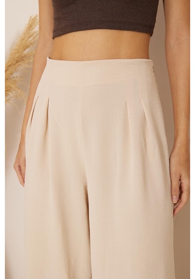 Darlin Moda Bej Yüksek Bel Bol Paça Pantolon Dm3003 Bej